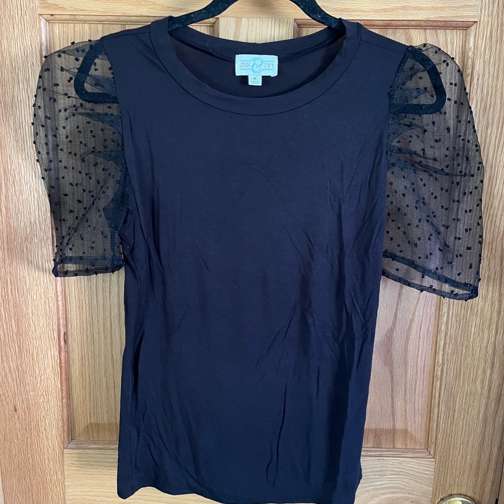 Crown & Ivy Black Top with Sheer Polka Dot Sleeves